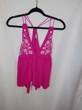 Ecote Bright Fuchsia Boho Embroidered Cami Top